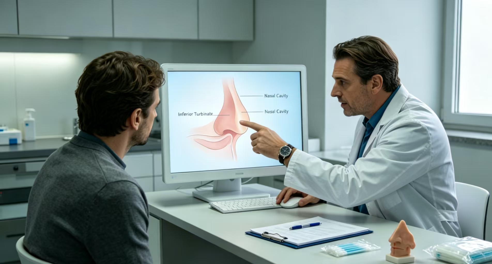 Patient applying ice pack to nose after coblation turbinate reduction, recovering comfortably at home or clinic Patient applying ice pack to nose after coblation turbinate reduction, recovering comfortably at home or clinic
