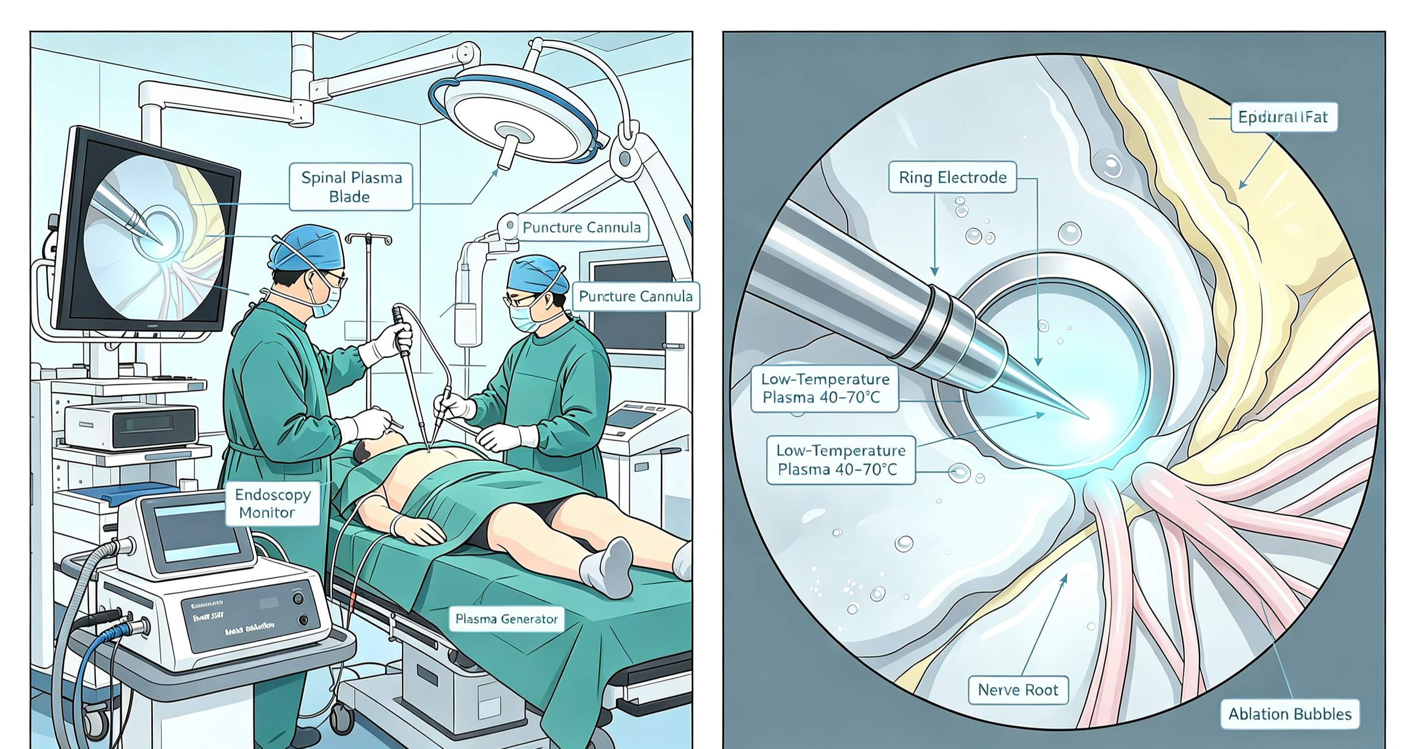 Split-screen ENT and spine surgery scenes Split-screen ENT and spine surgery scenes