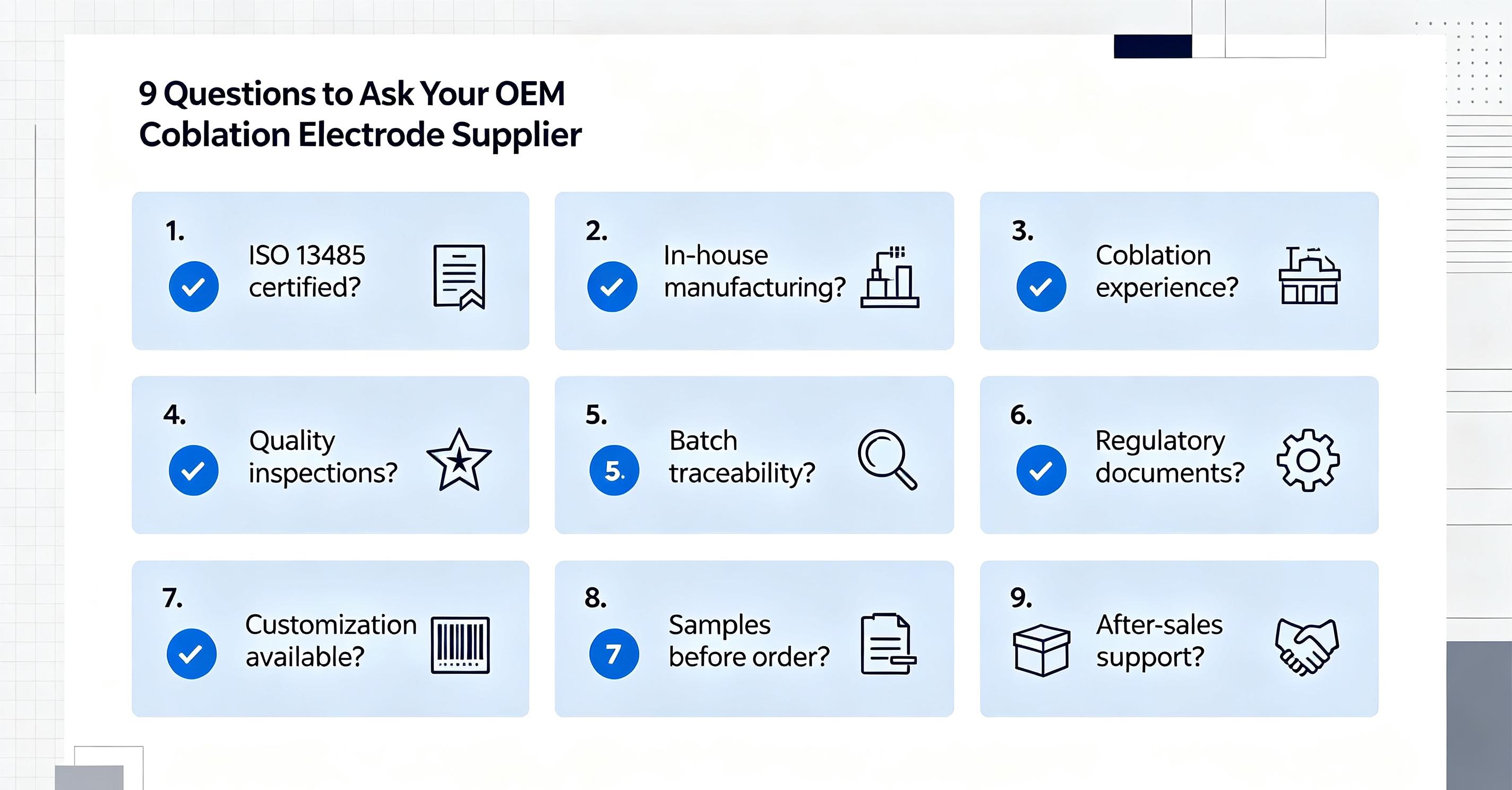 OEM coblation electrodes evaluation framework for medical device distributors covering quality system, product consistency, surgical application and partnership OEM coblation electrodes evaluation framework for medical device distributors covering quality system, product consistency, surgical application and partnership