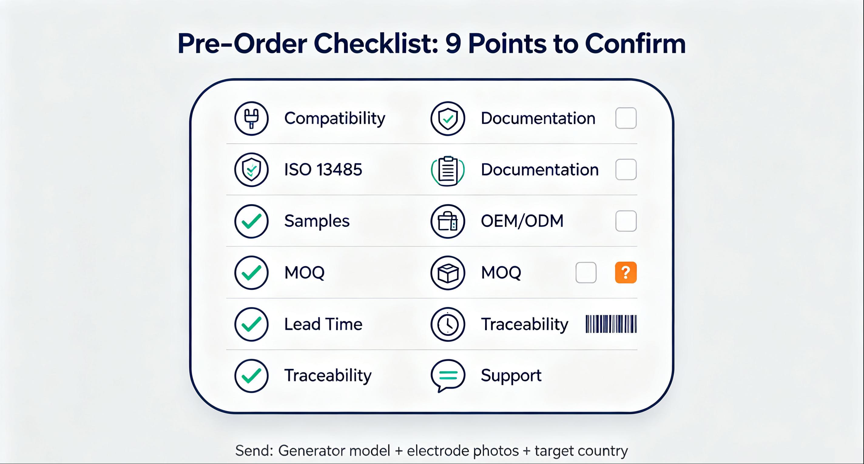 Flat infographic cover for coblation wand supplier checklist with compatibility, ISO 13485, documentation and sample icons Flat infographic cover for coblation wand supplier checklist with compatibility, ISO 13485, documentation and sample icons